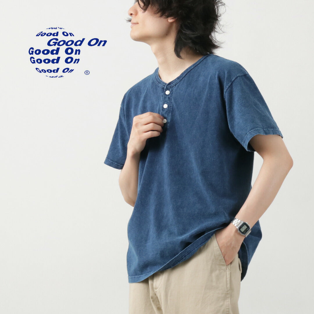 GOOD ON / T-shirt indigo à manches courtes et col Henley