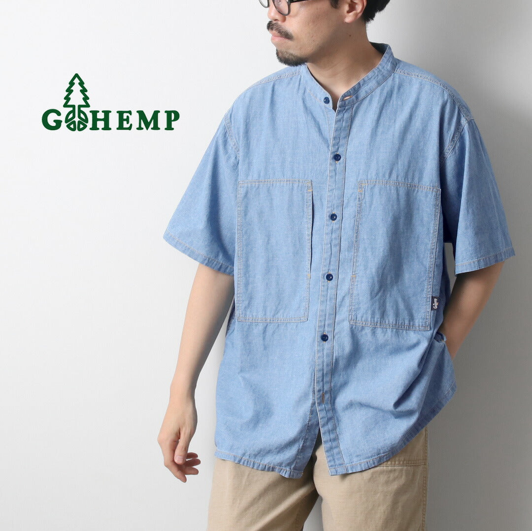 GOHEMP / Camisa sin cuello de trabajo de cambray de algodón y cáñamo