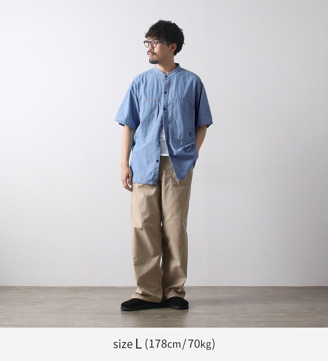 GOHEMP / Camisa sin cuello de trabajo de cambray de algodón y cáñamo