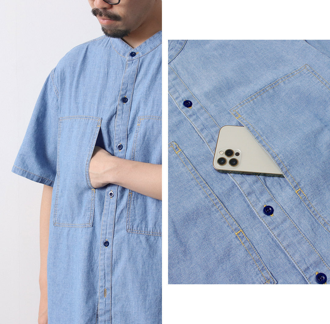GOHEMP / Camisa sin cuello de trabajo de cambray de algodón y cáñamo
