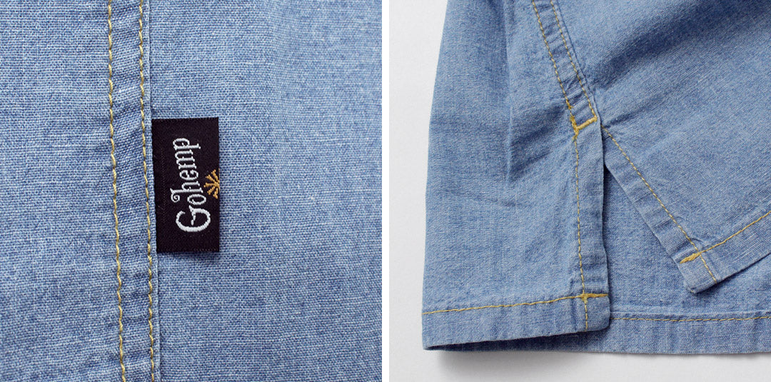 GOHEMP / Camisa sin cuello de trabajo de cambray de algodón y cáñamo