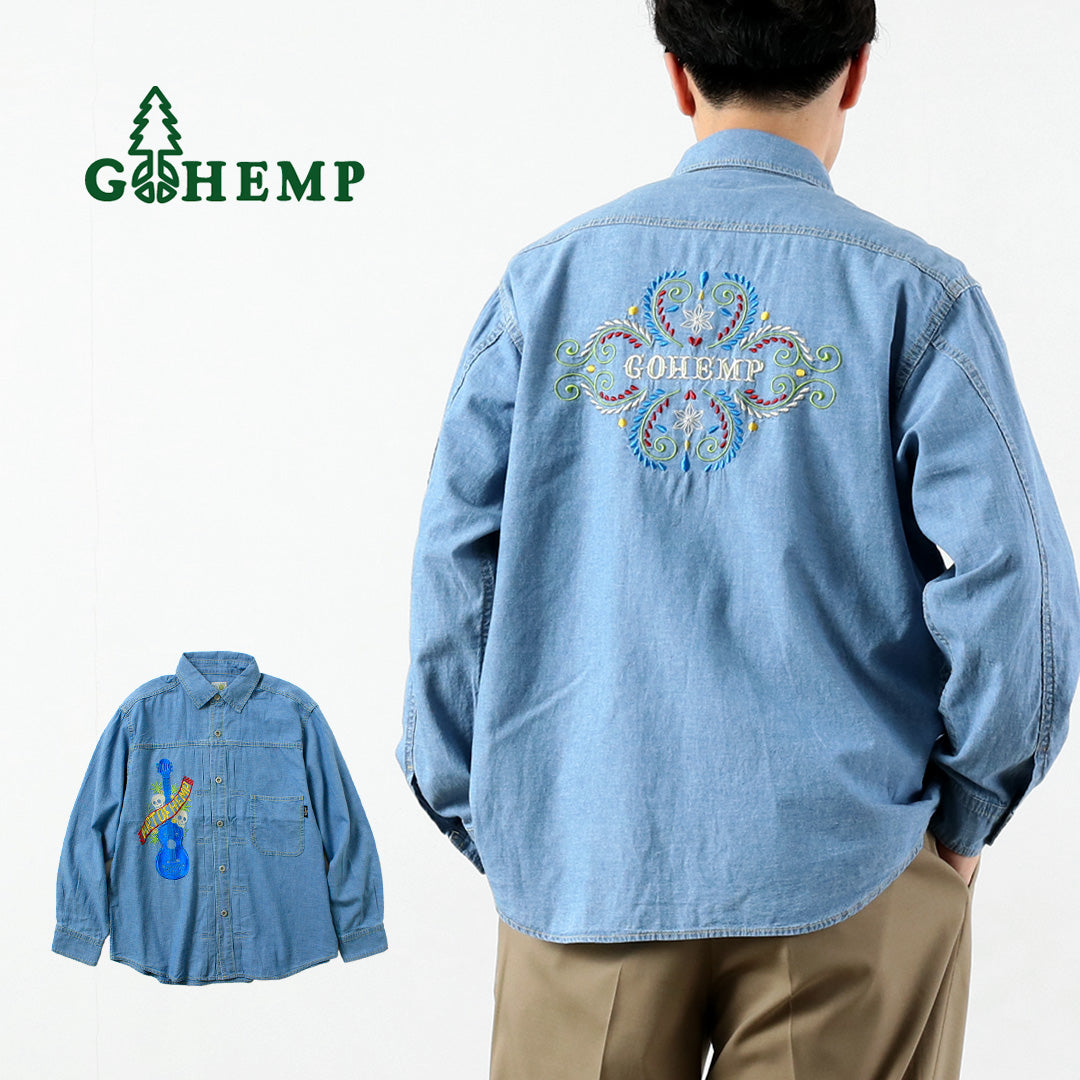 GOHEMP / Camisa de trabajo plisada bordada Chambray de algodón de cáñamo