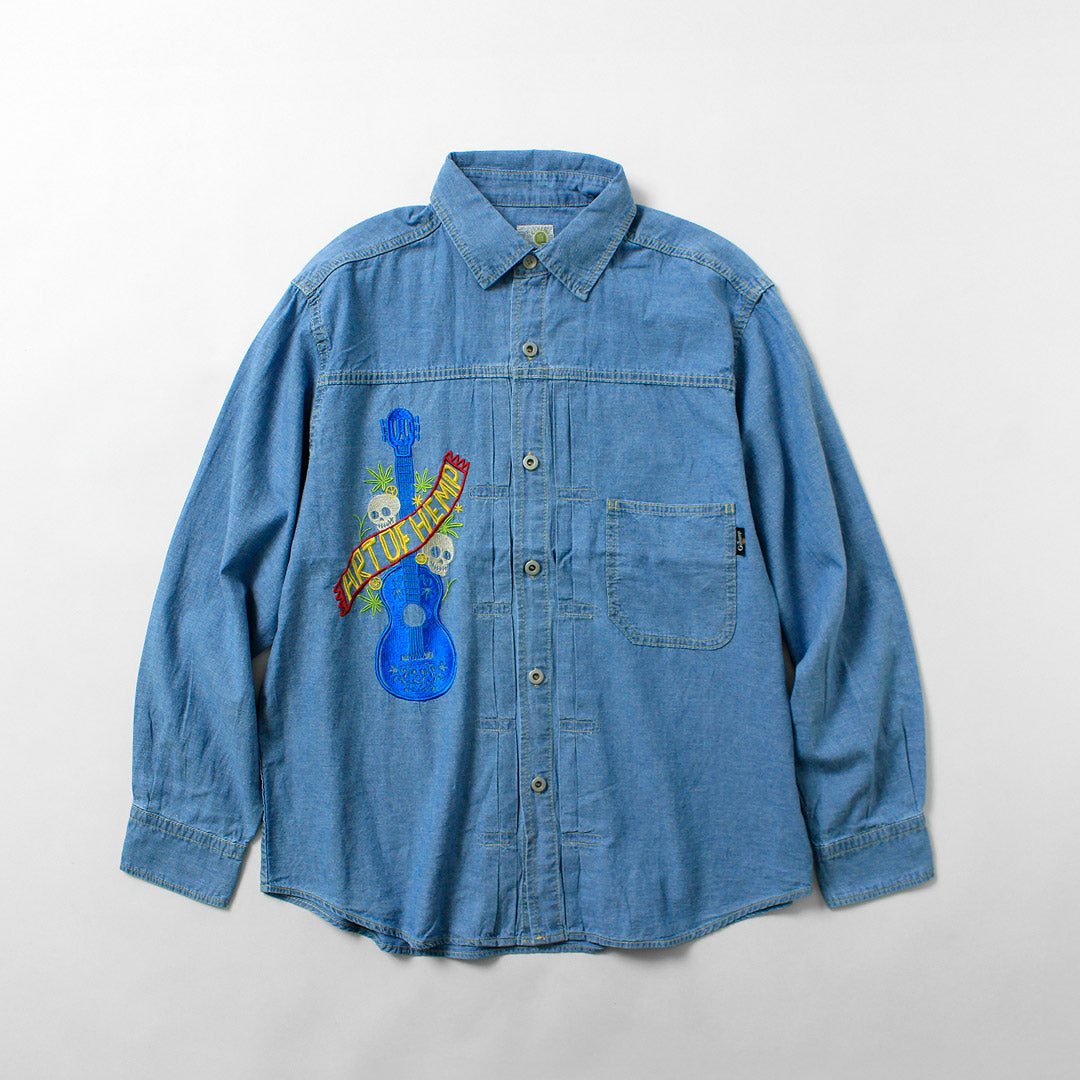 GOHEMP / Camisa de trabajo plisada bordada Chambray de algodón de cáñamo