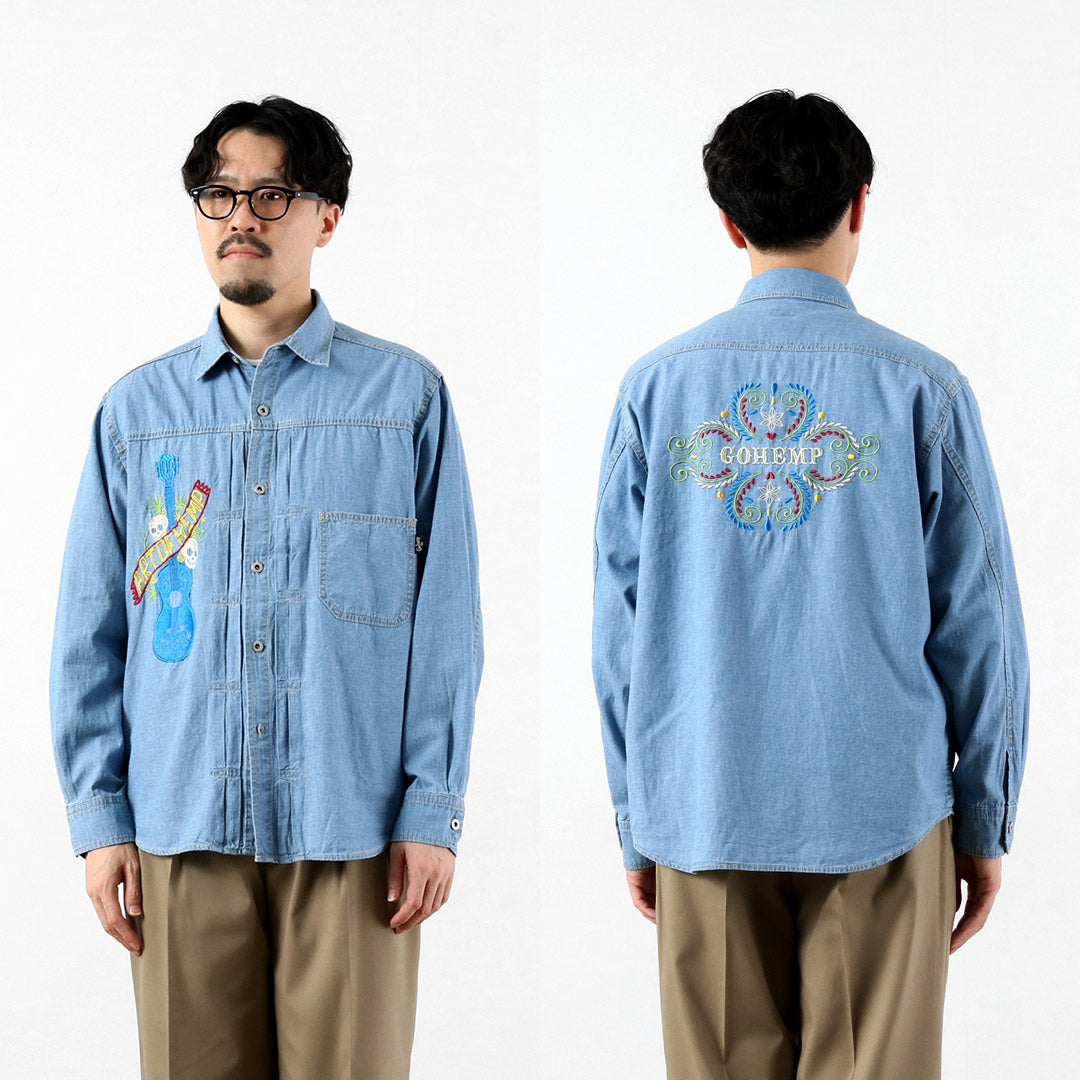 GOHEMP / Camisa de trabajo plisada bordada Chambray de algodón de cáñamo