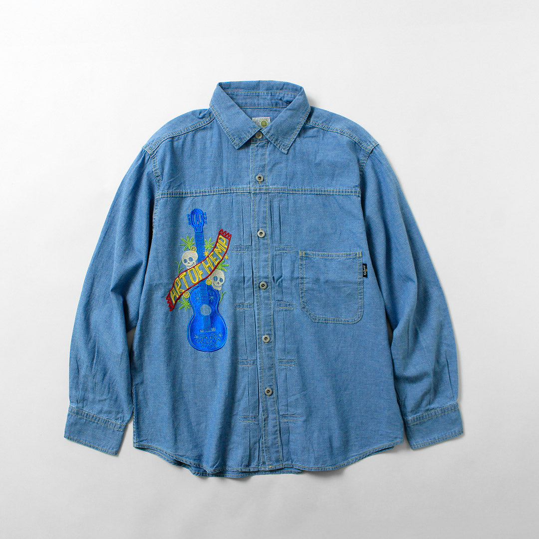 GOHEMP / Camisa de trabajo plisada bordada Chambray de algodón de cáñamo