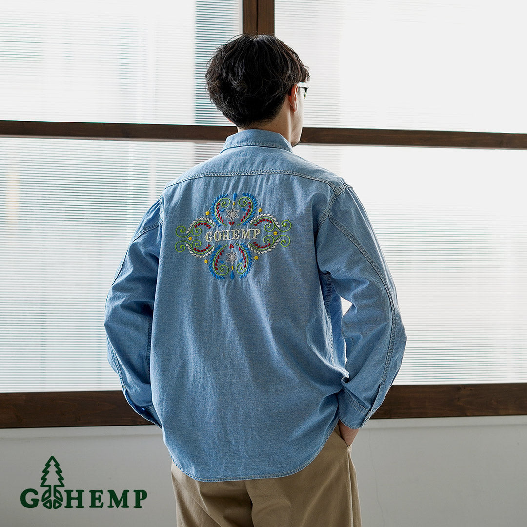 GOHEMP / Camisa de trabajo plisada bordada Chambray de algodón de cáñamo