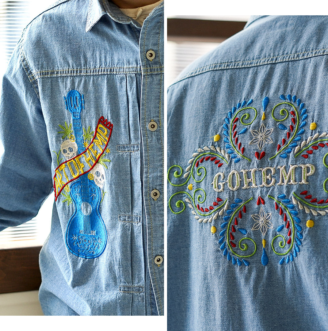 GOHEMP / Camisa de trabajo plisada bordada Chambray de algodón de cáñamo