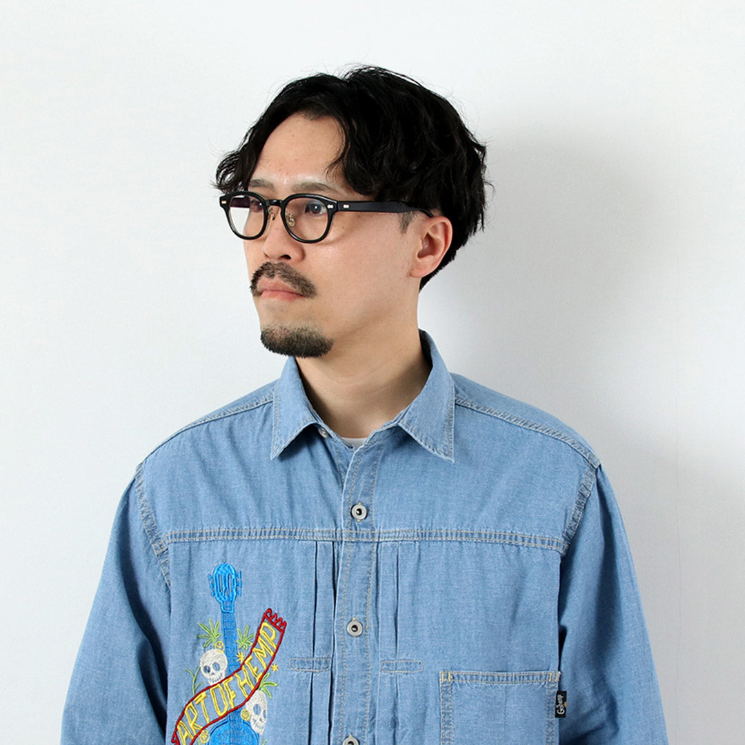 GOHEMP / Camisa de trabajo plisada bordada Chambray de algodón de cáñamo
