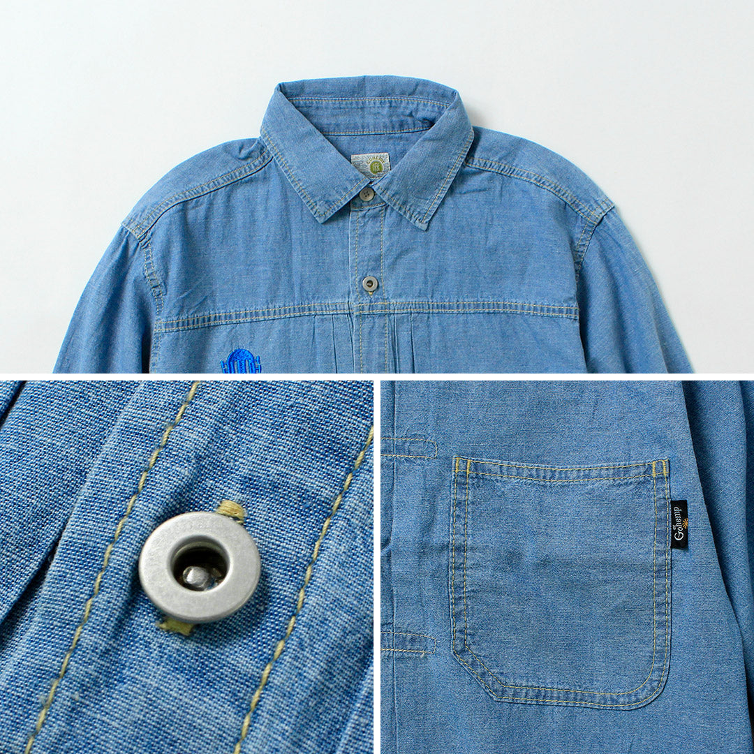 GOHEMP / Camisa de trabajo plisada bordada Chambray de algodón de cáñamo