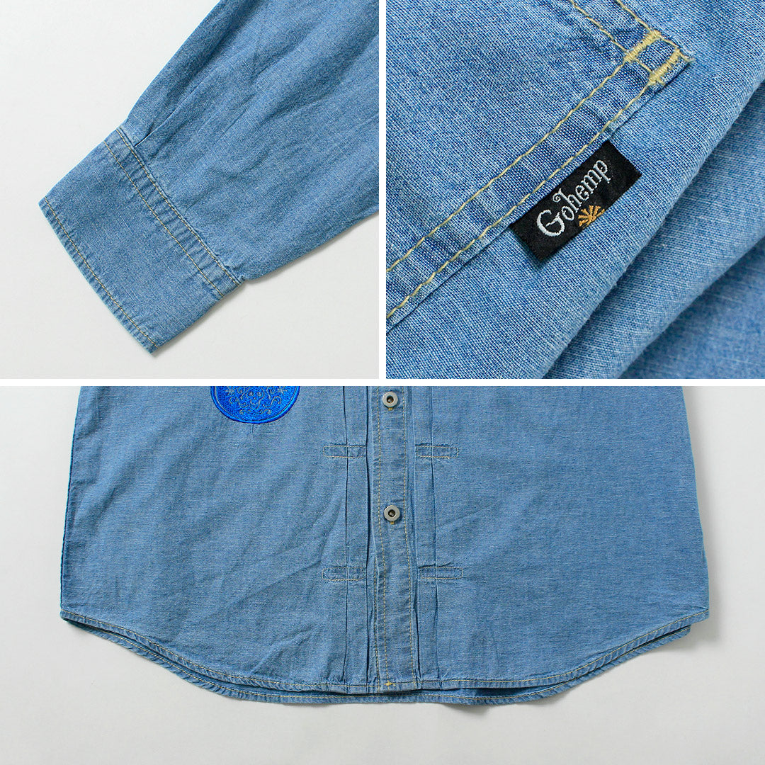 GOHEMP / Camisa de trabajo plisada bordada Chambray de algodón de cáñamo