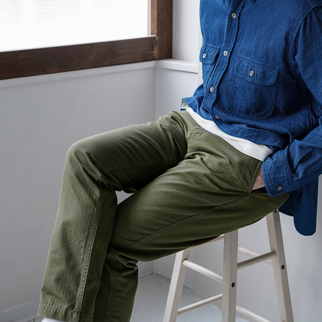 Tela azul / Pantalón vintage cónico ancho en espiga