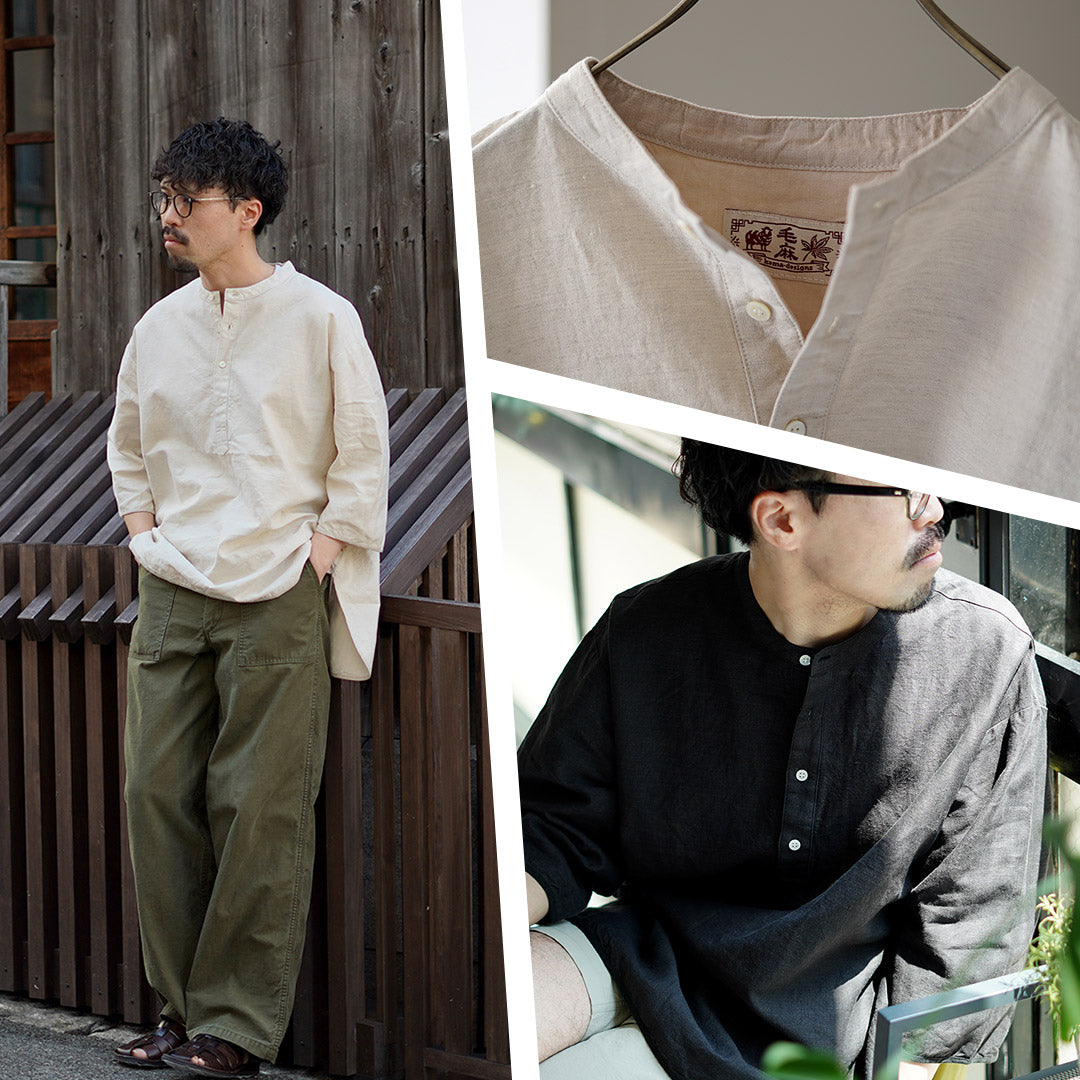 KEMA DESIGNS / Linen Cotton Cloth Henry Neck T-Shirt