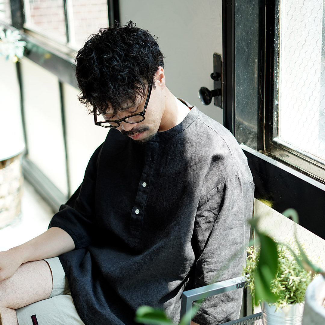 KEMA DESIGNS / Linen Cotton Cloth Henry Neck T-Shirt