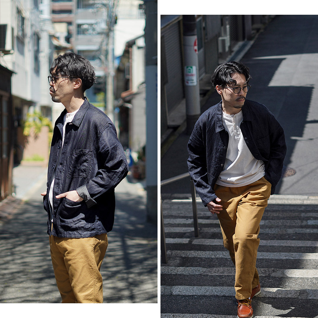 Blue refabric / Cotton Linen Denim French Coverall Jacket