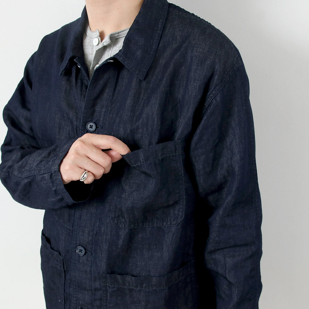 Blue refabric / Cotton Linen Denim French Coverall Jacket