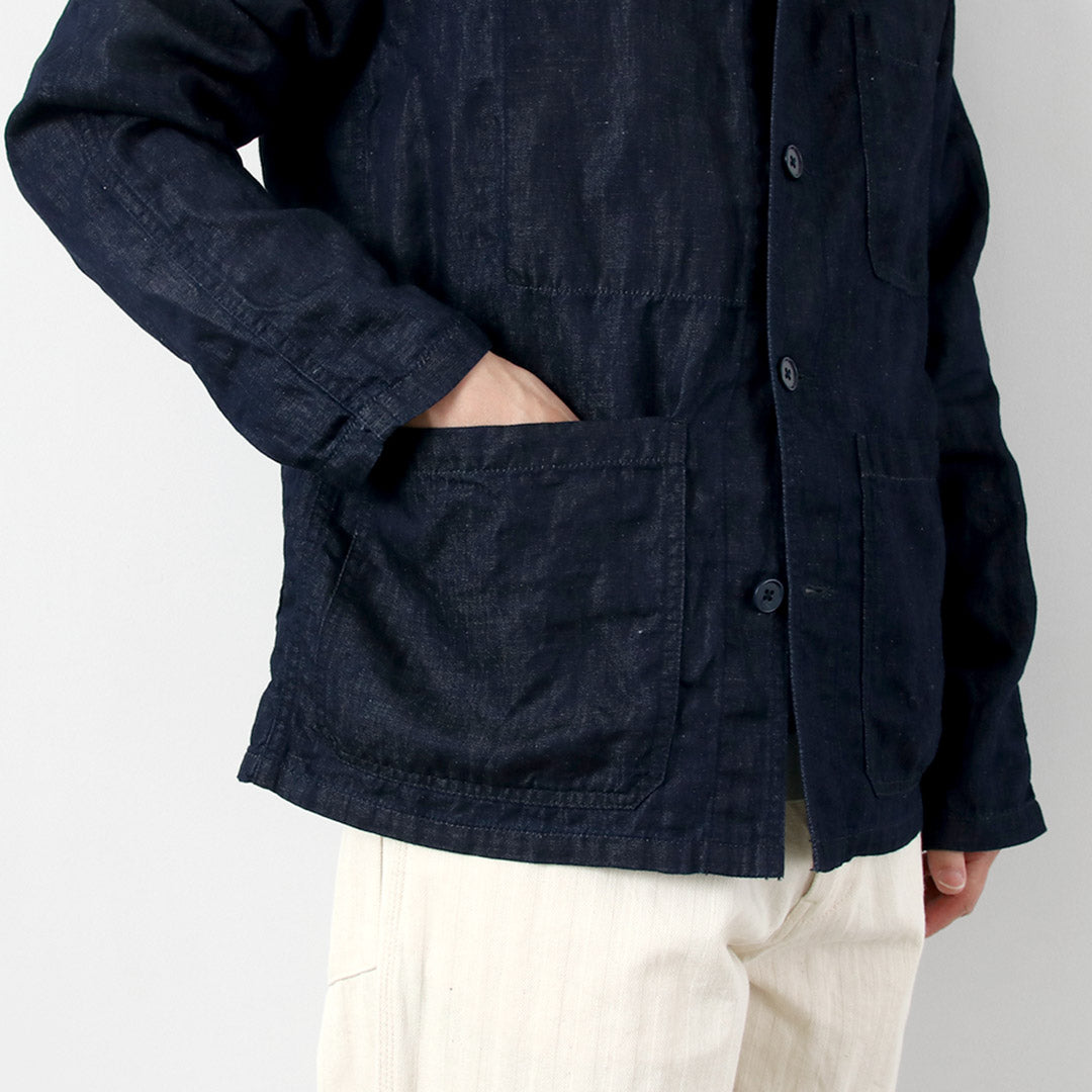 Blue refabric / Cotton Linen Denim French Coverall Jacket
