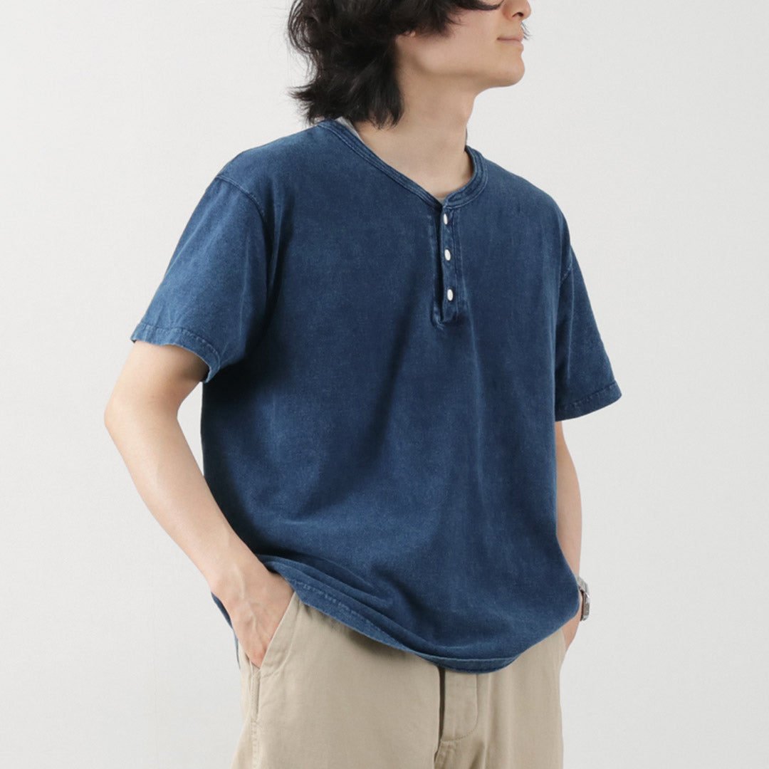 GOOD ON / T-shirt indigo à manches courtes et col Henley