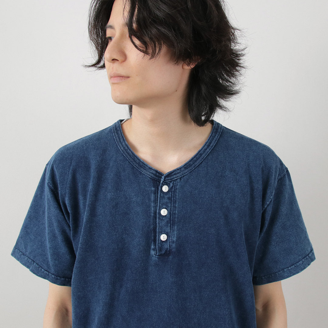 GOOD ON / T-shirt indigo à manches courtes et col Henley