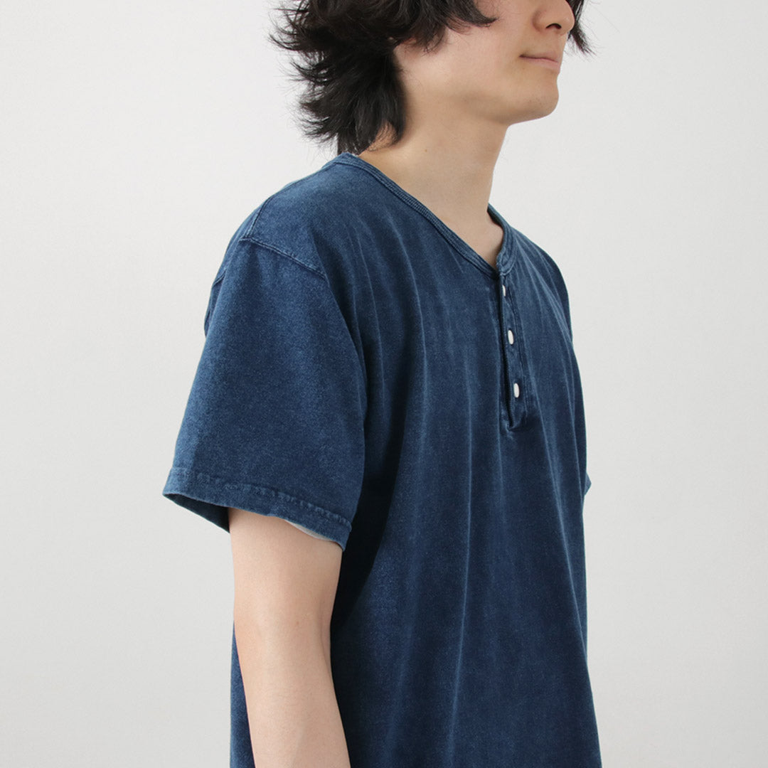 GOOD ON / T-shirt indigo à manches courtes et col Henley