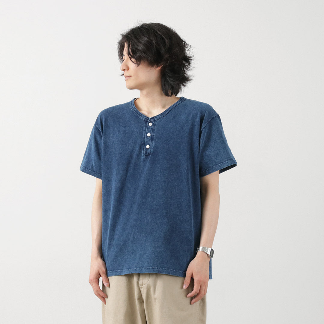 GOOD ON / T-shirt indigo à manches courtes et col Henley