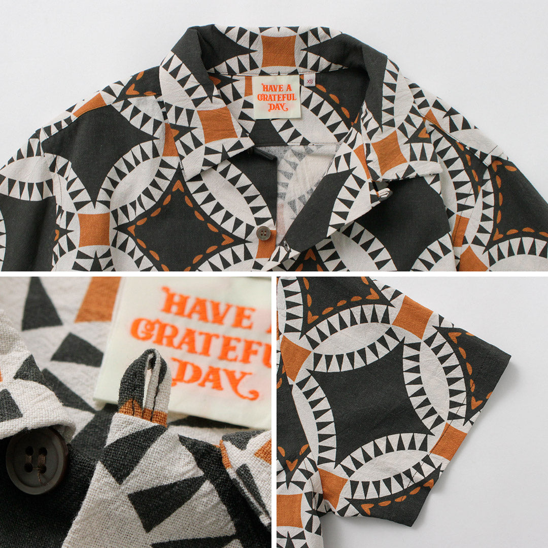 TENGA UN DÍA AGRADECIDO / Camisa de manga corta con cuello abierto y estampado de edredón vintage