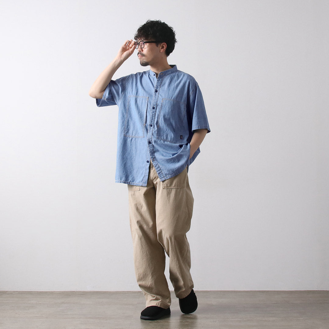 GOHEMP / Camisa sin cuello de trabajo de cambray de algodón y cáñamo