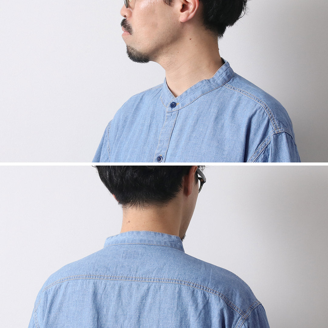 GOHEMP / Camisa sin cuello de trabajo de cambray de algodón y cáñamo