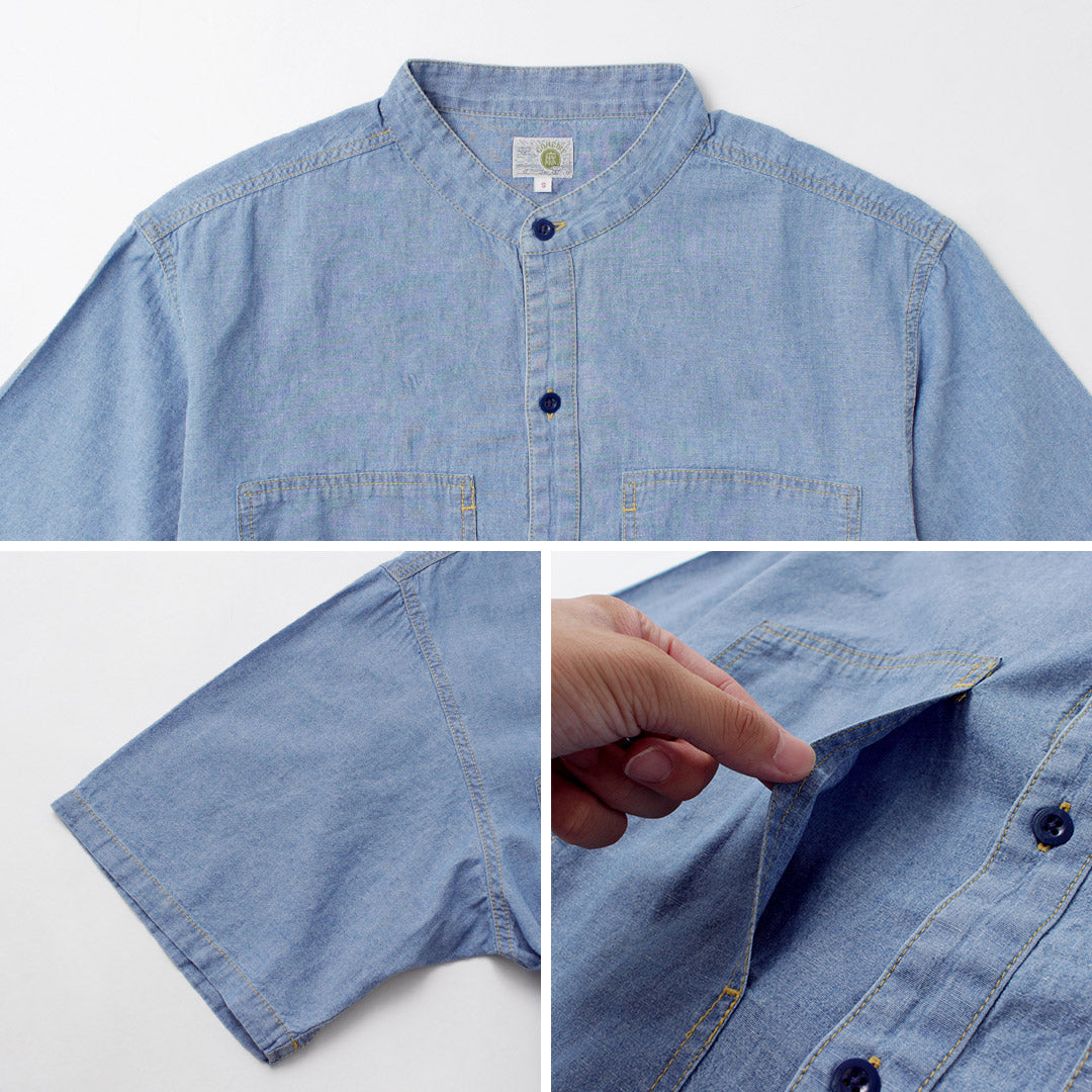 GOHEMP / Camisa sin cuello de trabajo de cambray de algodón y cáñamo