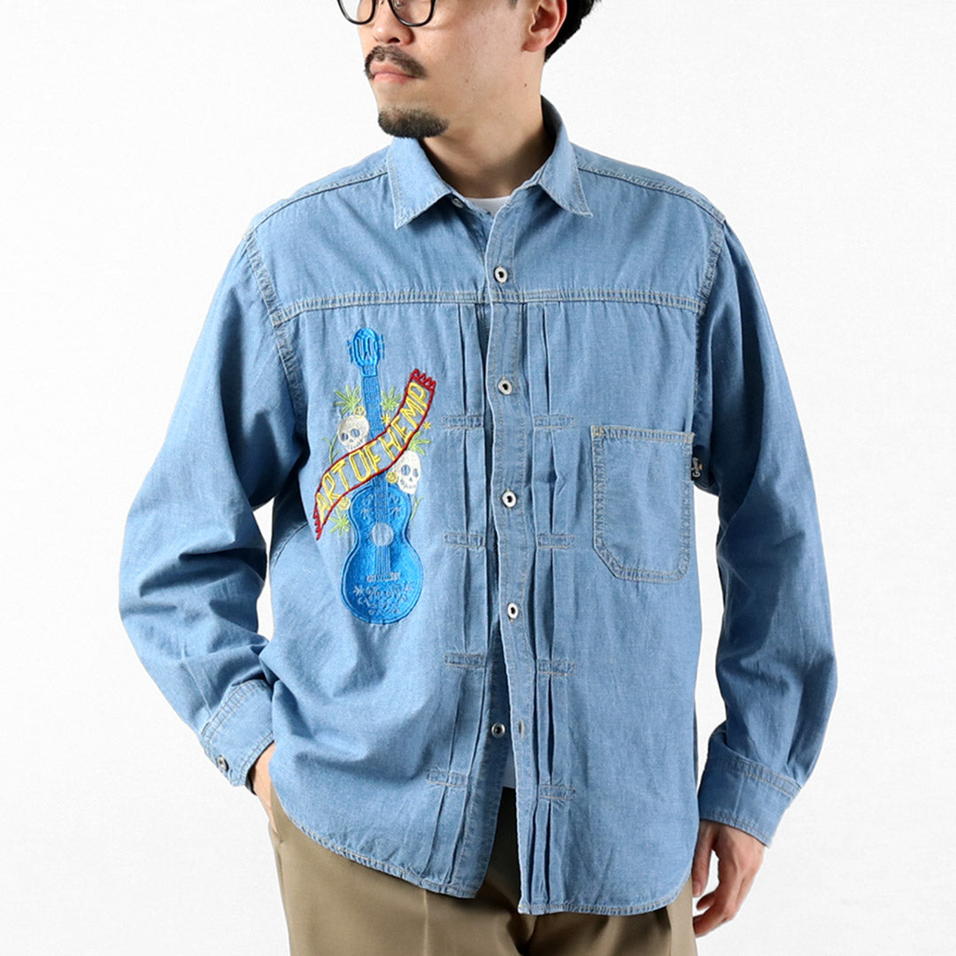 GOHEMP / Camisa de trabajo plisada bordada Chambray de algodón de cáñamo