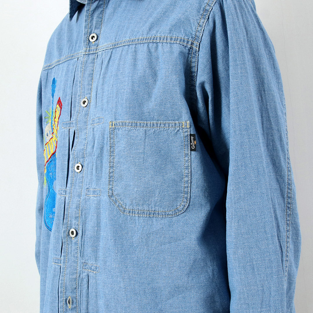 GOHEMP / Camisa de trabajo plisada bordada Chambray de algodón de cáñamo