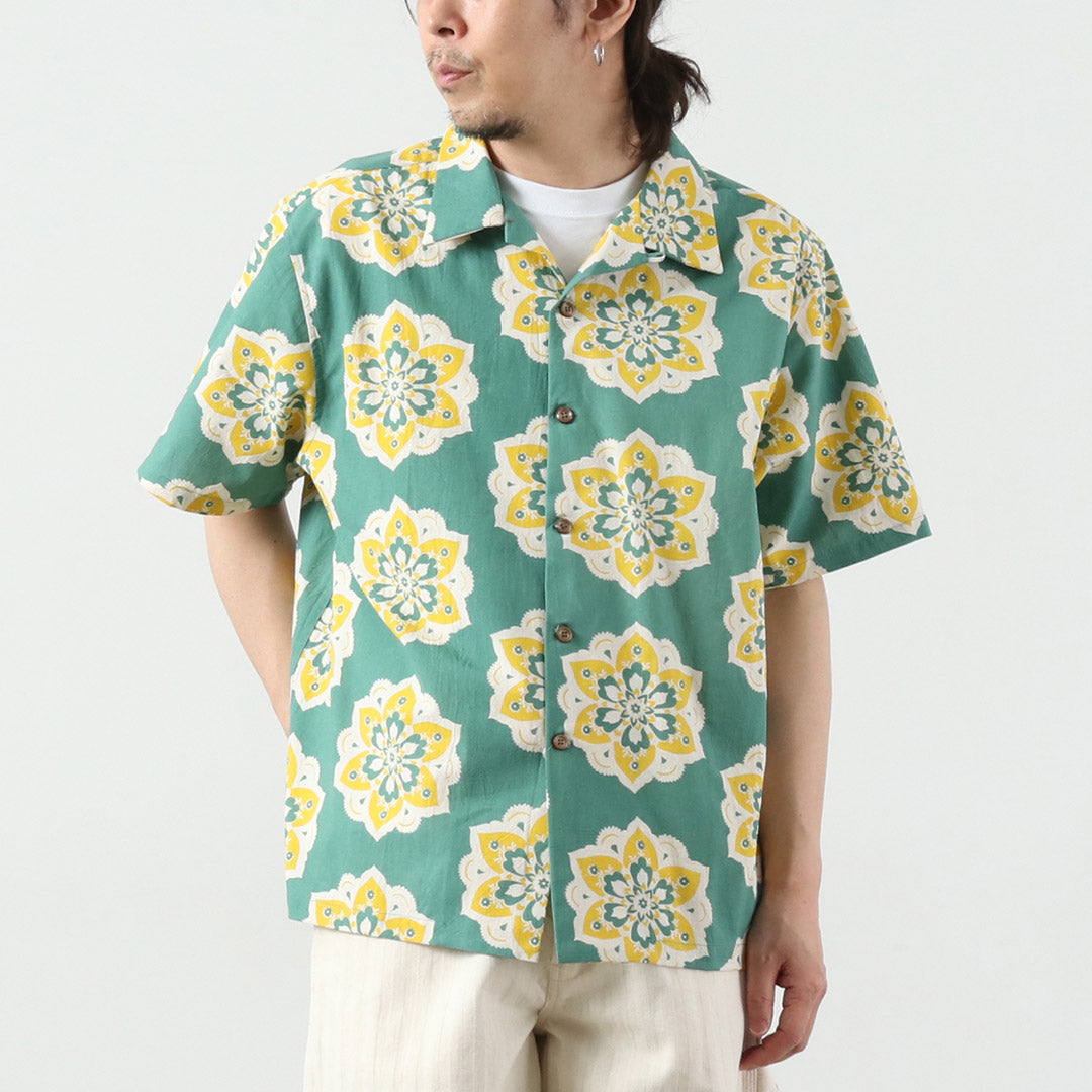 HAVE A GRATEFUL DAY / Open Collar S/S Shirt Round Design Print